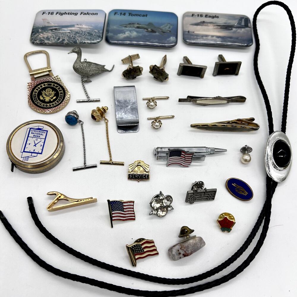 Vintage Estate Men's Jewelry Accessory Lot Tie Bars Pins Buttons Bolo Trinkets